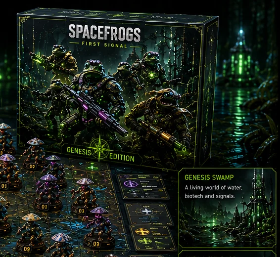 SPACEFROGS First Signal Genesis Edition box and game components